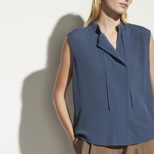 NWT Vince Sz Small Blue Sleeveless Tie Neck Blouse